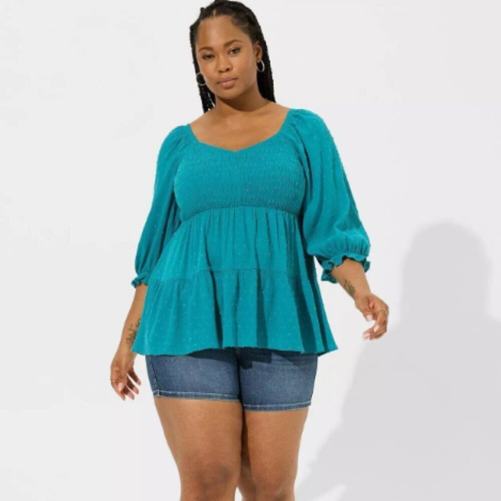 Torrid Women's Crinkle Gauze Smocked 3/4 Blouson Tiered Top Blue Teal Size 2X